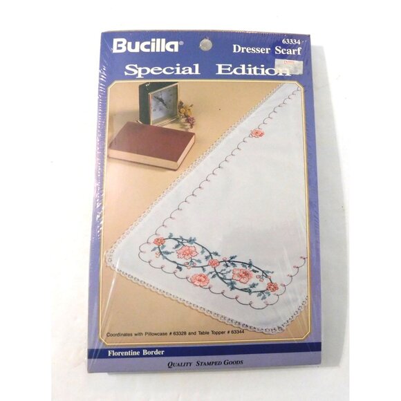 Bucilla Special Edition Dresser Scarf Embroidery Kit Florentine Border 63334 NEW - Picture 1 of 3